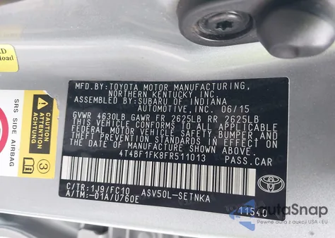 2015 Toyota Camry Le from USA, damaged, VIN 4T4BF1FK8FR511013